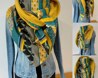 Maxi chèche, châle, foulard E146 Patchwork Printemps-Ete en coton
