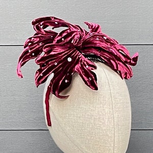 Spectacular burgundy velvet fantasy flower with applied rhinestones on ribbon-wrapped headband