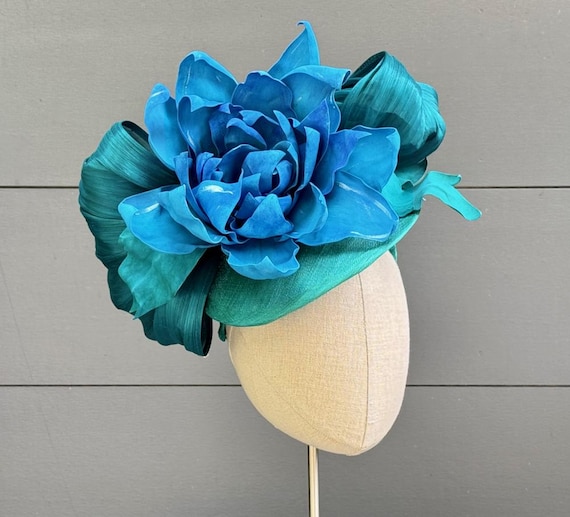 Gigantic turquoise dahlia and teal silk abaca saucer hat