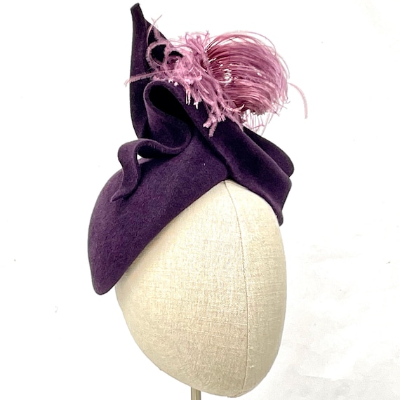 Purple velour felt 1940's style perching hat with curled ostrich plume