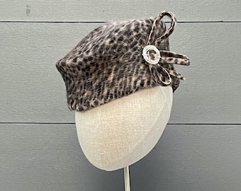 Animal Print Felt Toque Hat: Vintage Beaded Buckle, Size Small