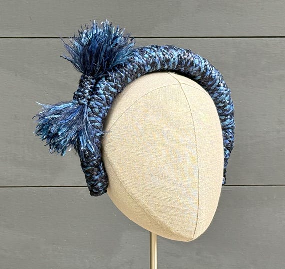 Blue and black woven straw wrapped headband with straw fringe
