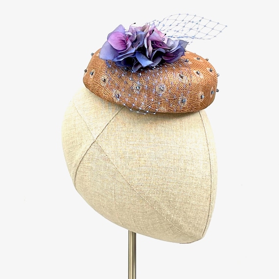 Polka dot button hat with beading, vintage flowers and veiling