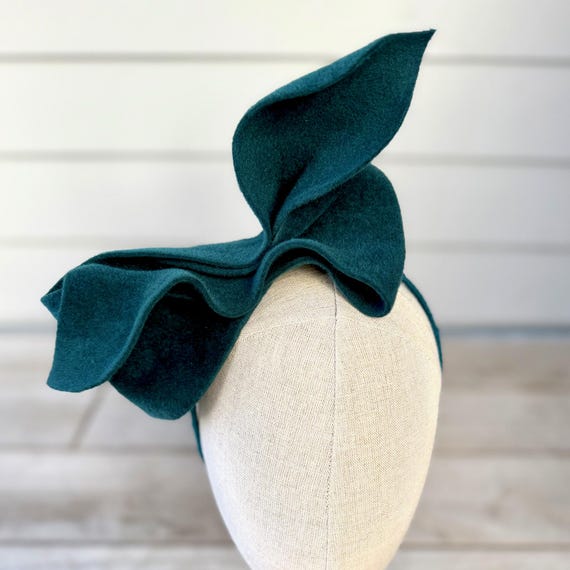 Dusty teal velour felt hand-shaped "bow" fascinator on headband