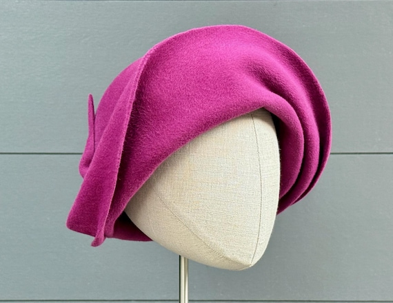 Fuchsia velour felt sculpted cloche with antique beaded ribbon trim