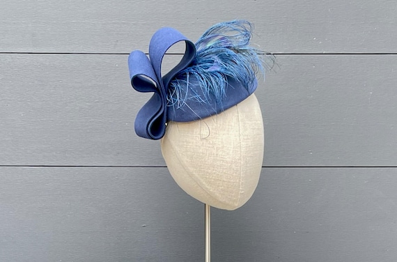 French blue felt button percher with felt loops and wispy dyed peacock feather trim