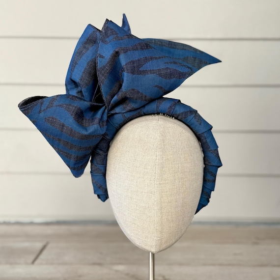 Grey and denim blue cotton wrapped headband with large sinamay straw backed bow