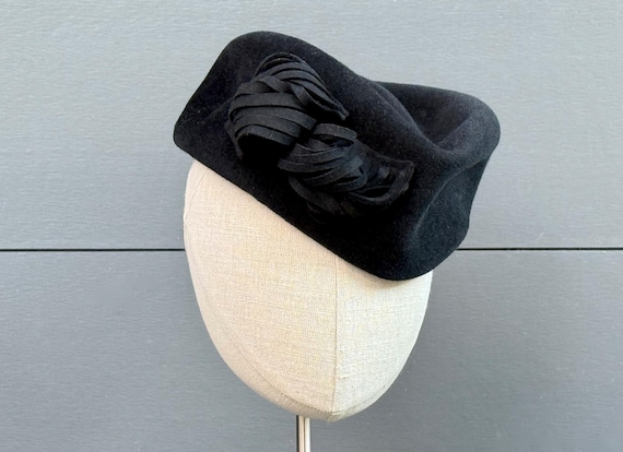 Black velour felt perching hat with with cut "pod" ornaments