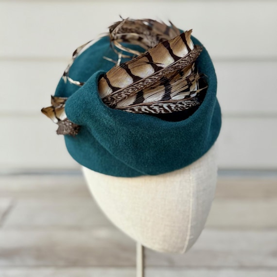 Dusty teal velour felt sculpted perching hat with curled pheasant feathers