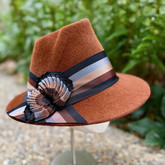 Tobacco brown velour felt fedora with antique striped ribbon band and pleated "wings"