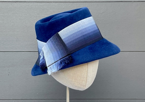 French blue velour felt asymmetrical hat with antique ombré ribbon trim