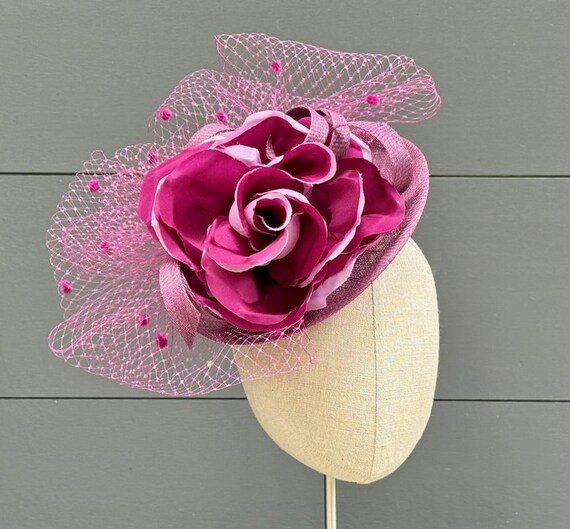 Orchid purple sinamay saucer hat with extra-large handmade silk rose and vintage chenille dot veiling