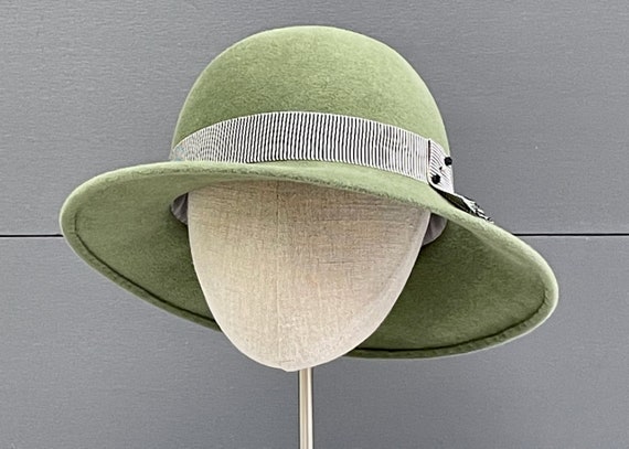 Sage green velour felt brimmed hat with striped ribbon band and vintage black rhinestones