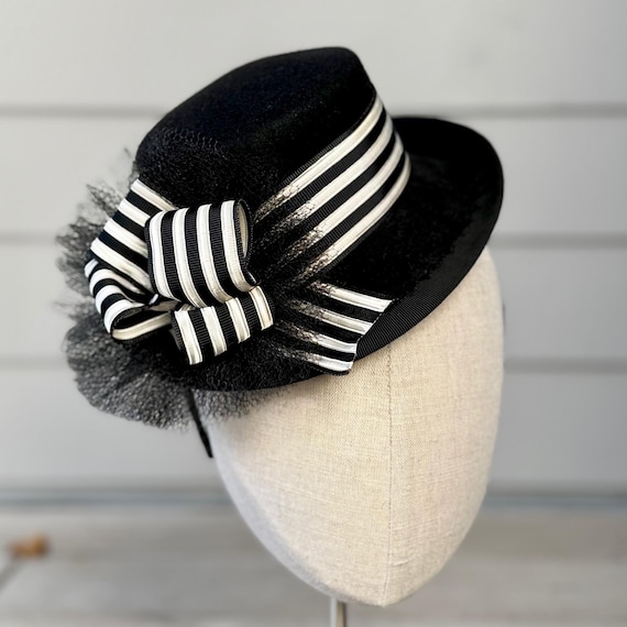 Black velour mini brimmed perching hat with antique metallic striped ribbon