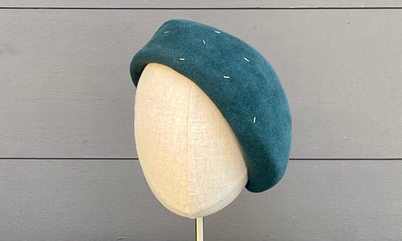 Dusty teal blue velour felt beret with iridescent bugle beads