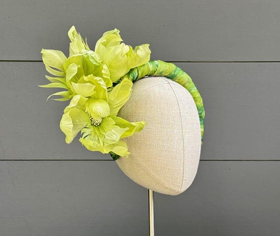 Chartreuse green feather flowers on dyed sinamay wrapped headband