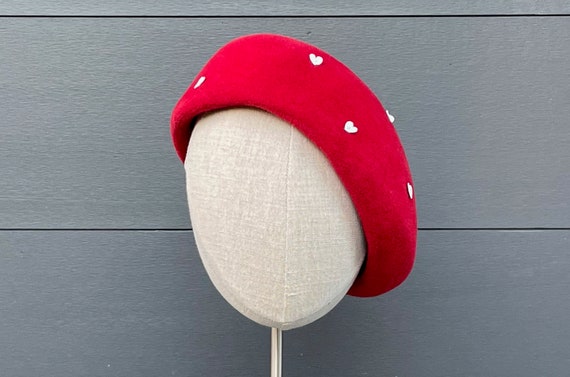 Red velour felt beret with tiny white leather hearts and pink glass beads