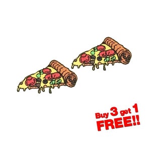 May include: Two cartoon pizza slices with red, green, and black toppings. The text "Buy 3 get 1 FREE!" is in red letters.