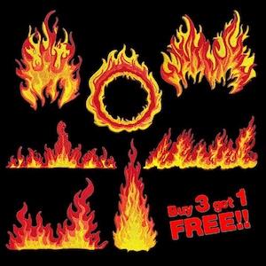 Könnte beinhalten: Satz von zehn Bügelbildern mit verschiedenen Flammenmotiven in Rot und Gelb. Die Patches sind perfekt, um Kleidung, Taschen oder anderen Stoffartikeln eine feurige Note zu verleihen. Kaufen Sie 3, erhalten Sie 1 gratis.