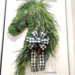 Large Horse Head Wreath: Artificial Boxwood, Leather Bridle & Buffalo Plaid Bow