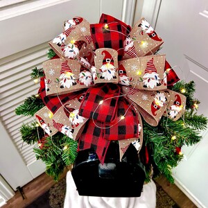 Christmas Gnome Plaid Mailbox Swag, Christmas Mailbox Topper, Outdoor Christmas Mailbox Swag, Lighted Xmas Mailbox Bow, Holiday Mailbox Bow,
