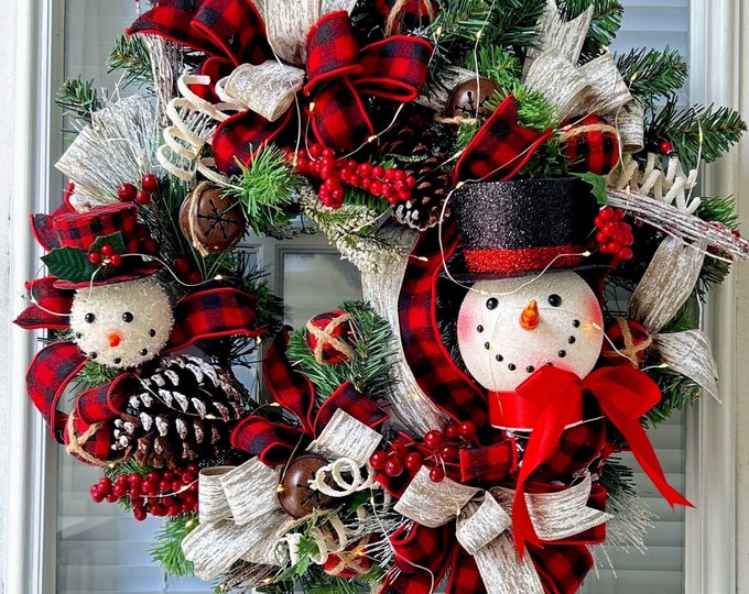 Christmas Snowman Wreath, Xmas Lighted Wreath, Lighted Snowman Wreath