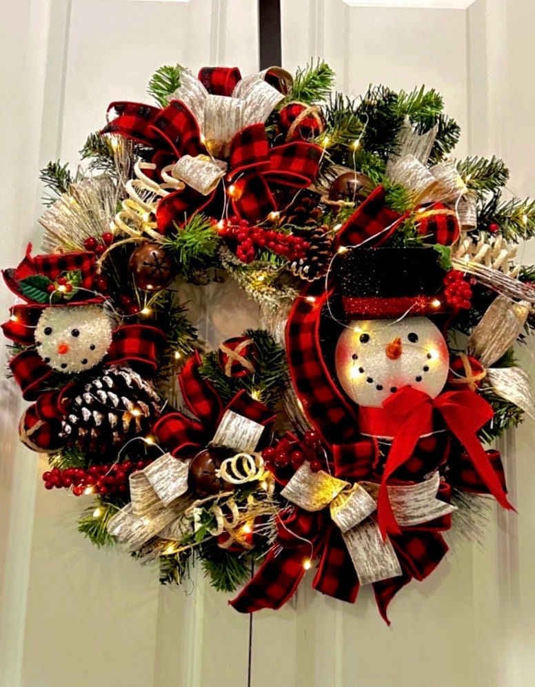 Christmas Snowman Wreath Xmas Lighted Wreath Lighted Snowman Etsy