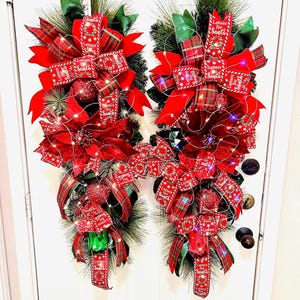 2 XL Christmas Swags Wreath, Letters to Santa Gems Wreaths, 2 Red Green Lighted door swags, Christmas door swags with lights, Holiday Wreath