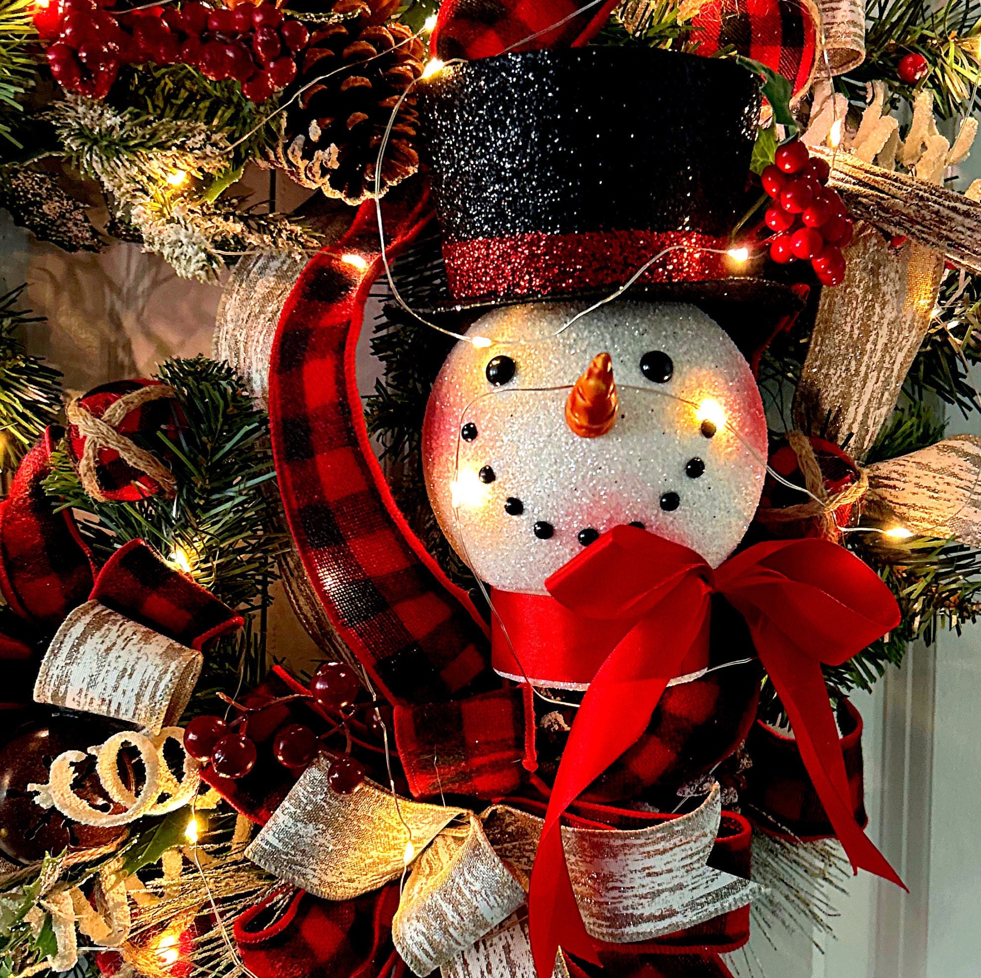 Christmas Snowman Wreath Xmas Lighted Wreath Lighted Snowman Etsy