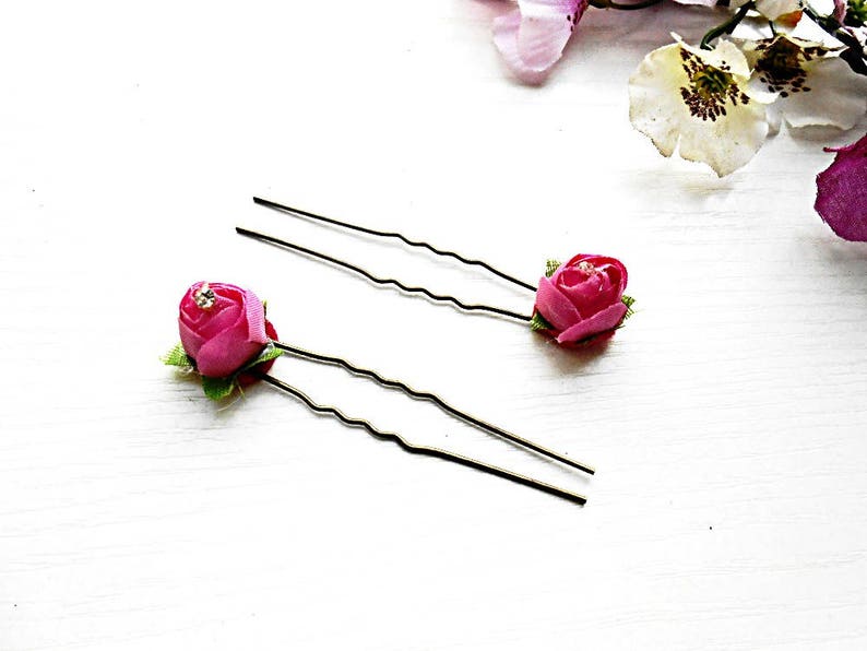 Rose Hair Pin Set 2 pc Bobby Slide Pins Floral Pink Silk Fabric Flower Wedding Bridal Hairstyle Accessory Bride Decoration Jewelry Ornaments image 2