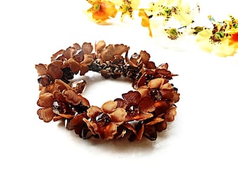 Hair Scrunchie Floral Brown Cotton Ponytail Holder Flower Blossom Embroidery Crochet Elastic Wrap Hair Ties Glass Pearl Women Girl accessory