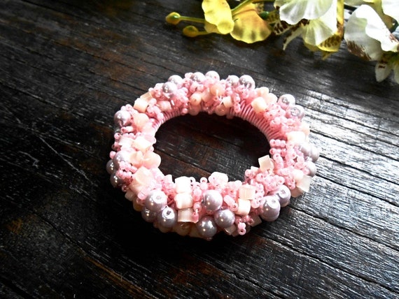 Hair Scrunchie Pink Cotton Crochet Scrunchies Bun Holder Maker Embroidery Ponytail Holder Scrunchy Beads Pearl Pony Tail Wrap Hair Ties