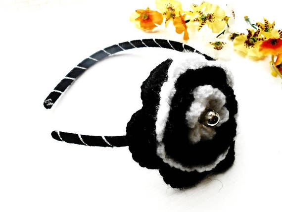 Stylish Black and White Floral Hairband Black and White Floral Beaded Headband, Women main image 3