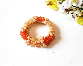 Hair Scrunchie Orange White Cotton Crochet Bun Holder Maker Embroidery Ponytail Holder Glass Seed Beads Pearl Pony Tail Wrap Hair Ties