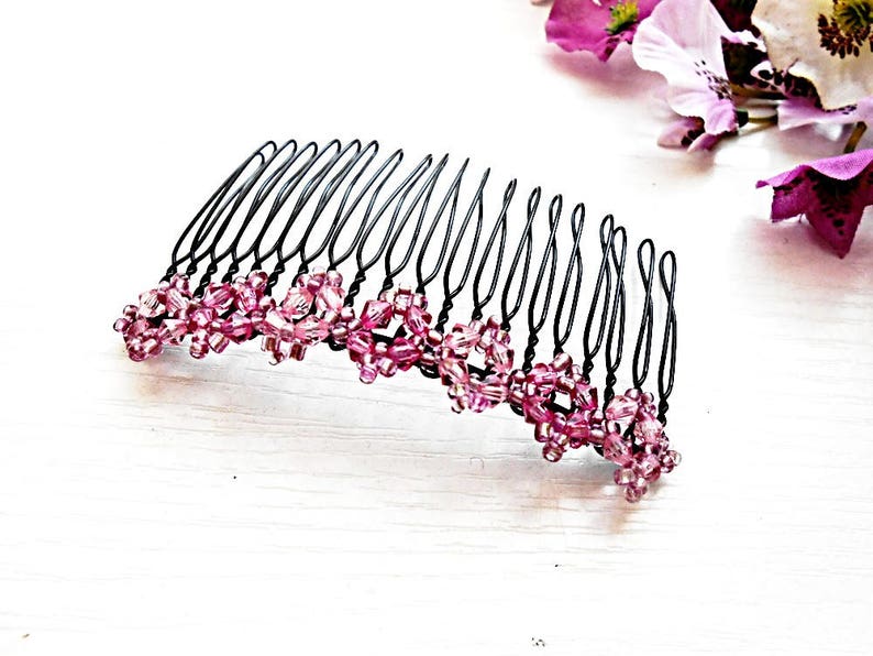 Pink Hair Comb Pearl Floral Bun Holder Maker Accessory Bridal Fork Glass Beads Bridal Wedding Crystal Bridesmaid Retro Boho Bohemian Jewelry image 3