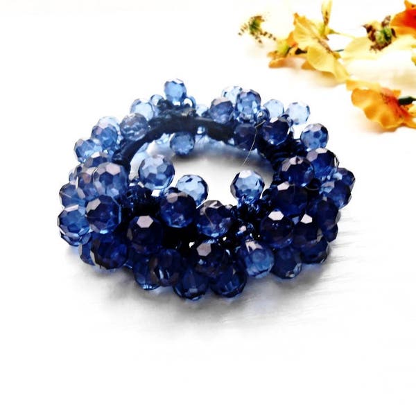 Hair Scrunchie Royal Dark Blue Cotton Crochet Embroidery Ponytail Holder Maker Glass Seed Beads Pearl Pony Tail Wrap Hair Ties Ponytail Tie