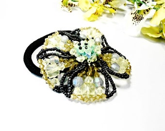 Hair Scrunchie Flower Blossom Embroidery Olive Green Floral Ponytail Holder Bun Maker Glass Seed Bead Pearl Accessory Elastic Wrap Hair Ties