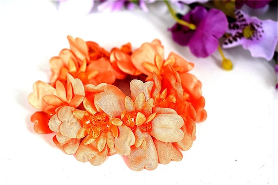 Hair Scrunchy Orange Cotton Flower Blossom Embroidery Crochet Etsy