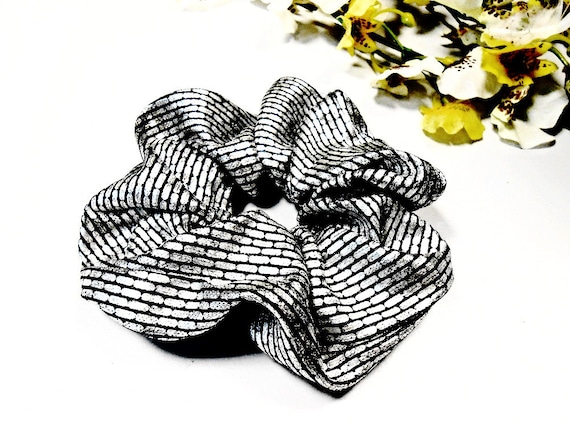 Fashion Black and Silver Patterned Scrunchie Silver and Black Brocade Scrunchie Metallic Silver Brocade  main image 2