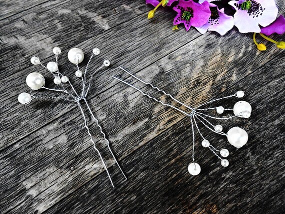 Wedding Hair Pins Set 2 Pc Crystal Pearl Bridal Bride White  display picture 2