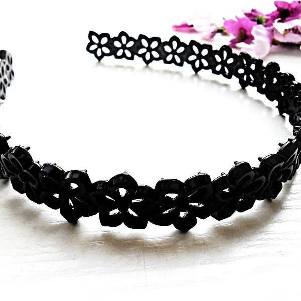 Hair Headband Black Flower Engraved Carved Acrylic Wide Floral Hair Accessory Plastic Celluloid Acetate Hairband Headpiece Trendy Girl Women