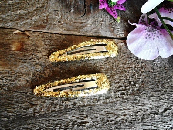 Snap Hair Clip 4 Pieces Set Gold Brocade Glitter Golden Painted