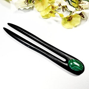 Wooden Hair Fork Stick Malachite Gemstone Carved Natural Ebony Wood Hair Accessories Dark Green Bun Holder Maker Hair Pin Comb Pick Jewelry image 5