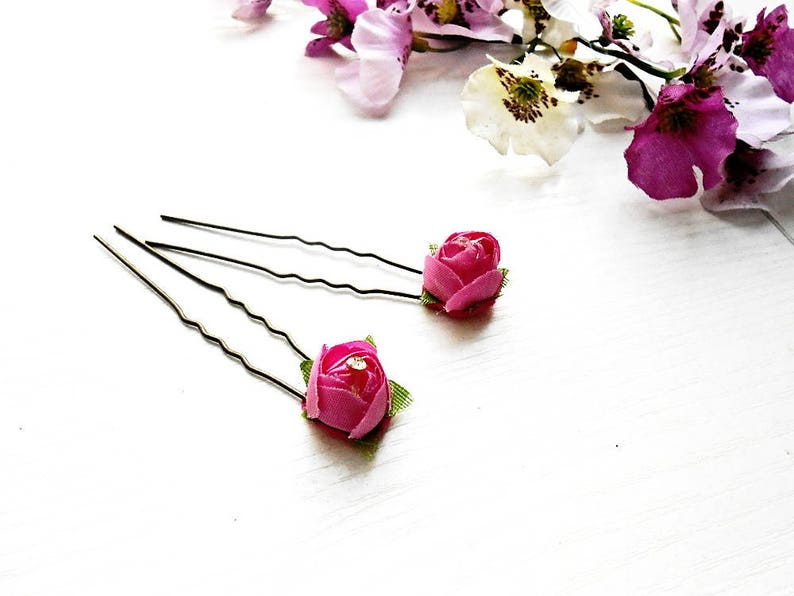 Rose Hair Pin Set 2 pc Bobby Slide Pins Floral Pink Silk Fabric Flower Wedding Bridal Hairstyle Accessory Bride Decoration Jewelry Ornaments image 1