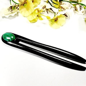 Wooden Hair Fork Stick Malachite Gemstone Carved Natural Ebony Wood Hair Accessories Dark Green Bun Holder Maker Hair Pin Comb Pick Jewelry image 1