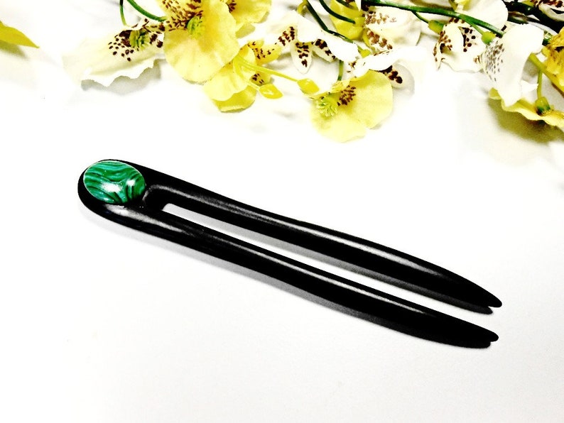 Wooden Hair Fork Stick Malachite Gemstone Carved Natural Ebony Wood Hair Accessories Dark Green Bun Holder Maker Hair Pin Comb Pick Jewelry image 1