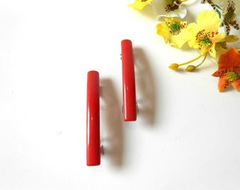 Hair Barrettes 2 pc Set Small Red Acrylic Plastic Hair Pin Clip Barettes Barretts Accessory Bun Holder Maker Women Girl Hairstyle Jewelry