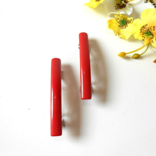 Hair Barrettes 2 pc Set Small Red Acrylic Plastic Hair Pin Clip Barettes Barretts Accessory Bun Holder Maker Women Girl Hairstyle Jewelry