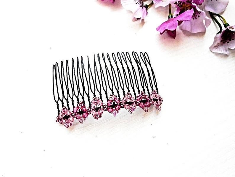 Pink Hair Comb Pearl Floral Bun Holder Maker Accessory Bridal Fork Glass Beads Bridal Wedding Crystal Bridesmaid Retro Boho Bohemian Jewelry image 5