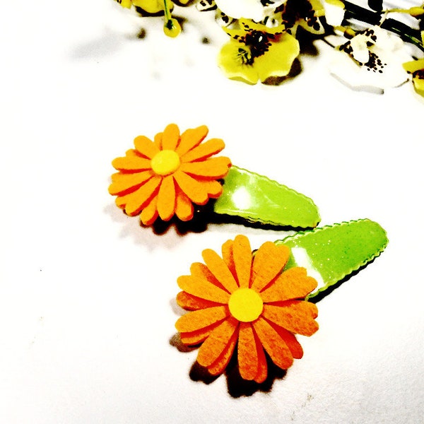 Fleur pince à cheveux pression ensemble 2 pièces Orange coulisse feutre vert Pin frange Clips femmes fille cadeau chignon métal porte fabricant Snap épingles à cheveux